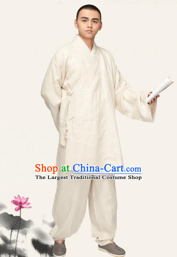Chinese Traditional Monk White Flax Short Gown and Pants Meditation Garment Buddhist Bonze Costume for Men