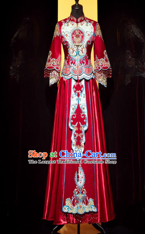 Top Grade Chinese Traditional Wedding Embroidered Costumes Ancient Bride Xiuhe Suit Toast Red Beads Tassel Dress for Women