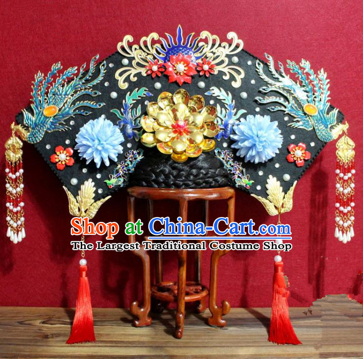 Chinese Ancient Imperial Consort Blueing Phoenix Coronet Hair Jewelry Traditional Handmade Hairpins Qing Dynasty Queen Hair Accessories Complete Set
