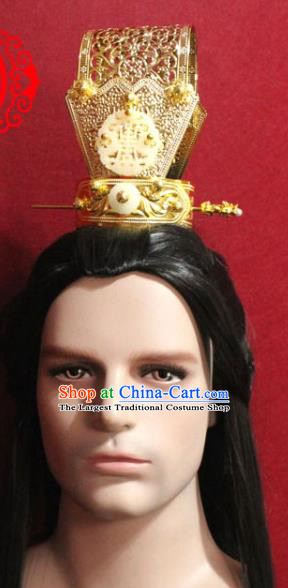 Traditional Chinese Ancient Prince Golden Hairdo Crown and Hairpin Handmade Ming Dynasty Noble Childe Jade Hair Accessories for Men
