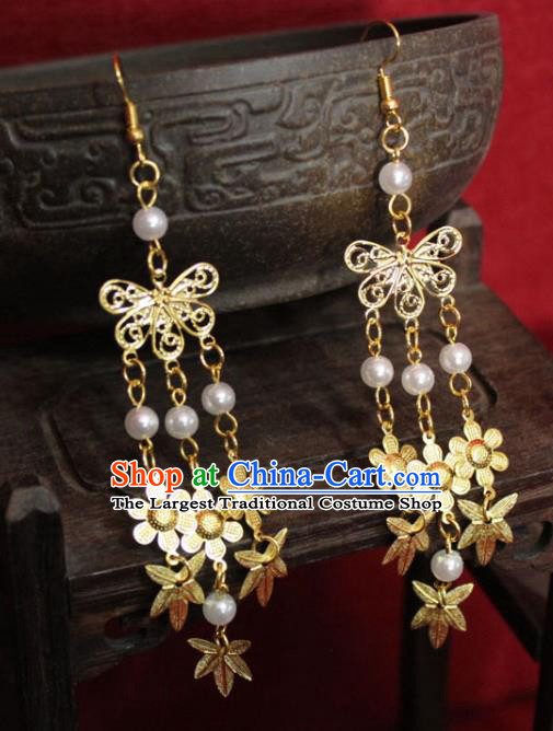 Traditional Chinese Ancient Princess Golden Maple Leaf Earrings Handmade Jewelry Accessories Tassel Eardrop for Women
