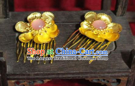 Traditional Chinese Handmade Golden Flower Hair Combs Ancient Queen Hairpin Hair Accessories for Women