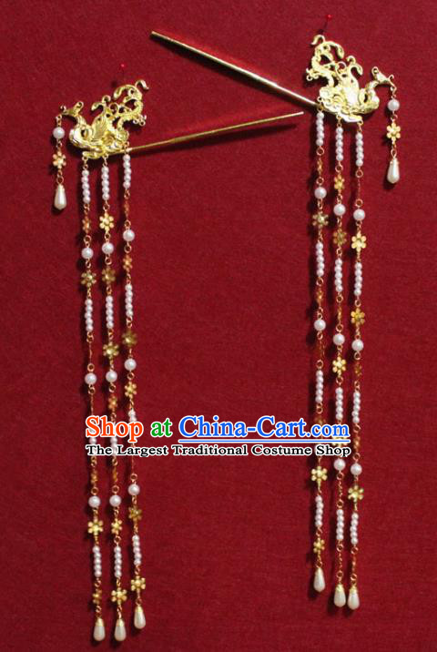Traditional Chinese Handmade Golden Phoenix Hair Clips Ancient Queen Pearls Tassel Hairpin Hair Accessories for Women