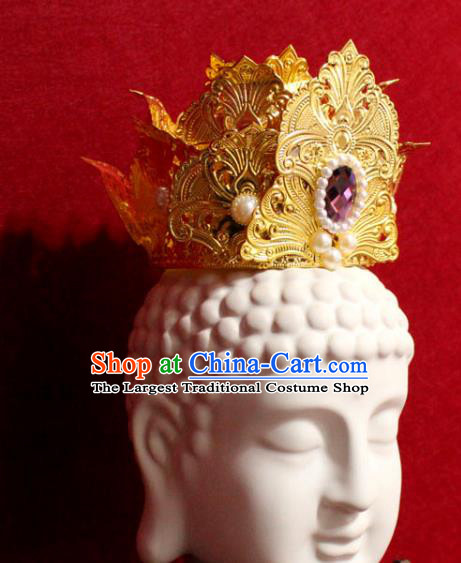Traditional Chinese Handmade Buddhist Statues Purple Crystal Hair Crown Golden Lotus Hair Accessories