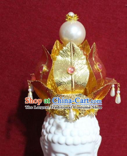 Traditional Chinese Handmade Buddhist Statues Golden Leaf Phoenix Hair Crown Pearls Hair Accessories