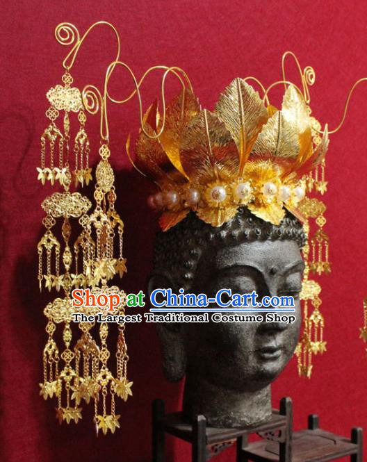 Traditional Chinese Handmade Golden Lotus Hair Crown Buddhist Statues Tassel Hairpins Hair Accessories Headwear