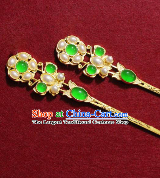 Traditional Chinese Handmade Pearls Hair Clip Ancient Queen Hair Accessories Chrysoprase Hairpins Headwear for Women
