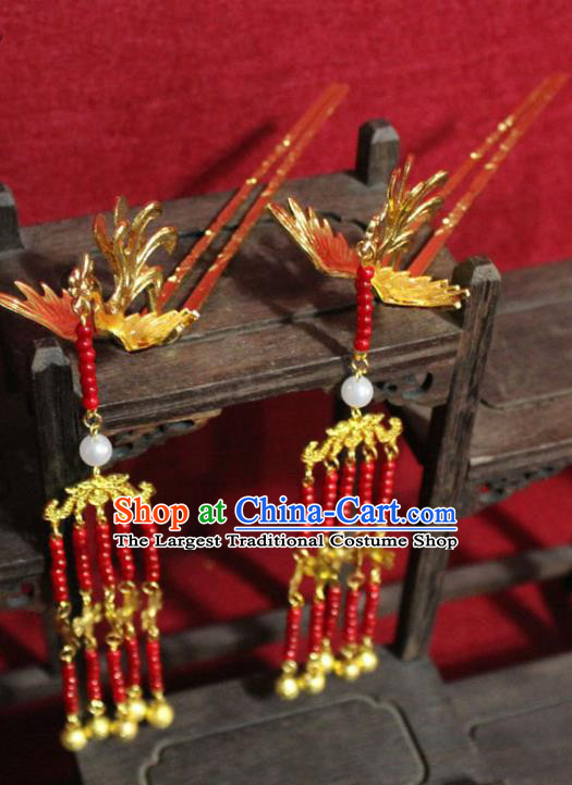 Traditional Chinese Handmade Red Beads Tassel Hairpin Ancient Queen Golden Phoenix Hairpin Hair Accessories for Women