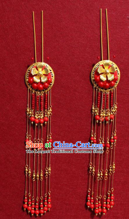 Traditional Chinese Handmade Red Beads Tassel Hairpins Ancient Qing Dynasty Imperial Consort Hair Accessories Headwear Hair Clips for Women