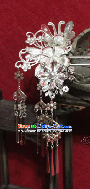 Traditional Chinese Handmade Argent Flowers Tassel Hairpins Ancient Qing Dynasty Imperial Consort Hair Accessories Hair Clip for Women