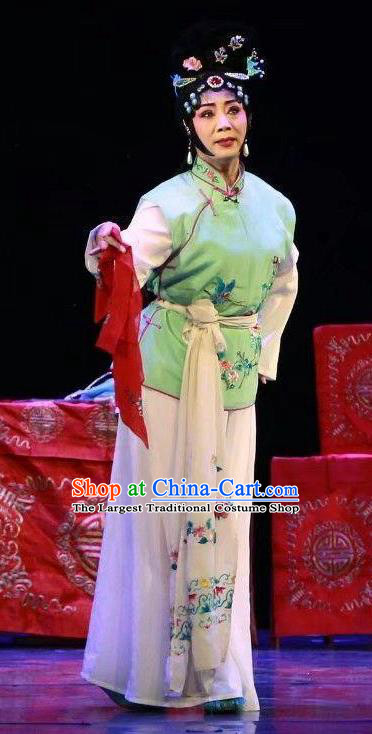 Chinese Sichuan Opera Servant Girl He Zhu Garment Costumes and Hair Accessories He Zhu Pei Traditional Peking Opera Maid Lady Dress Xiaodan Apparels