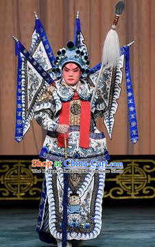 Changban Po Hanjin Kou Chinese Peking Opera Wusheng Garment Costumes and Headwear Beijing Opera Apparels Clothing General Zhao Yun Kao Armor Suit with Flags