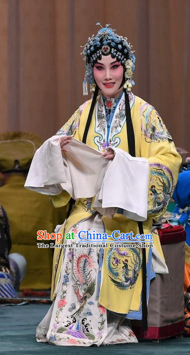 Chinese Beijing Opera Young Female Apparels Costumes and Headdress Changban Po Hanjin Kou Traditional Peking Opera Rani Mi Lan Dress Actress Garment