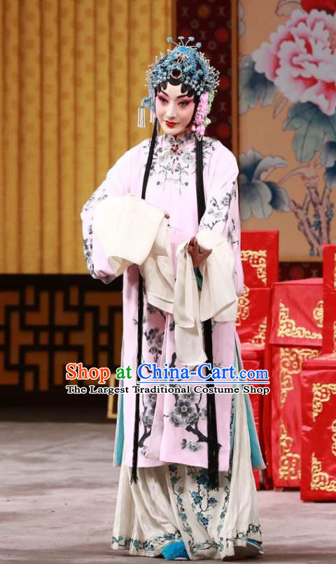 Chinese Beijing Opera Diva Zhao Shouzhen Apparels Costumes and Headdress The Unicorn Purse Traditional Peking Opera Young Female Pink Dress Garment