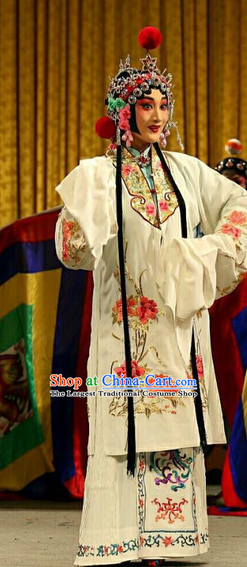 Chinese Beijing Opera Hua Tan Apparels Costumes and Headdress Qing Shi Mountain Traditional Peking Opera Actress Fox Fairy White Dress Garment
