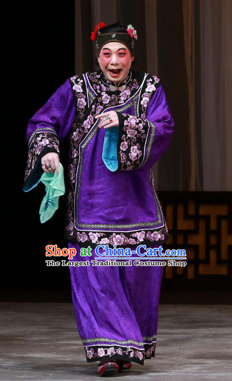 Chinese Beijing Opera Woman Matchmaker Apparels Costumes and Headdress The Mirror of Fortune Traditional Peking Opera Elderly Female Purple Dress Garment