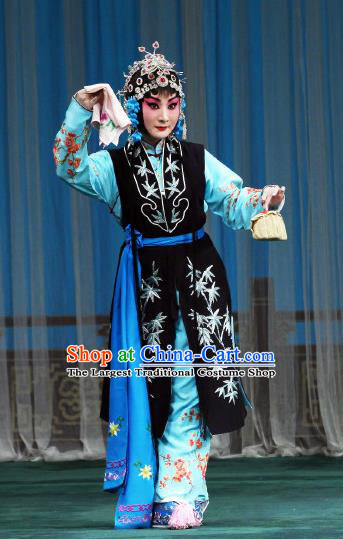 Chinese Beijing Opera Young Lady Apparels Maidservant Shou Chun Costumes and Headdress The Mirror of Fortune Traditional Peking Opera Xiaodan Dress Garment