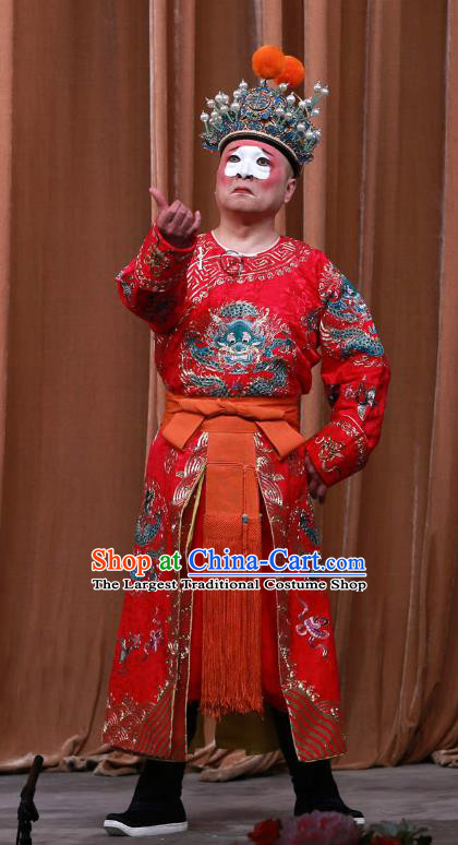 Fa Men Temple Chinese Peking Opera Chou Garment Costumes and Headwear Beijing Opera Clown Red Apparels Clothing