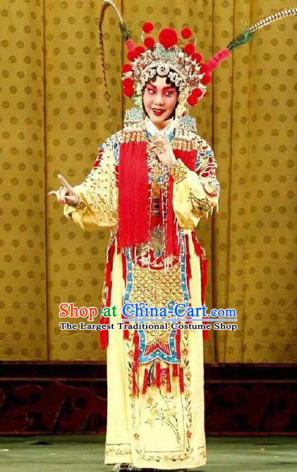 Chinese Beijing Opera Martial Female Infanta Chai Apparels Costumes and Headdress Number One Scholar Matchmaker Traditional Peking Opera Wu Dan Dress Garment