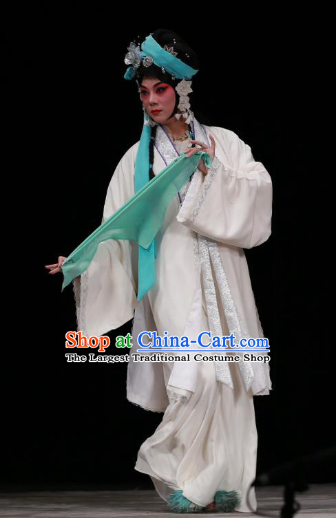 Chinese Beijing Opera Hua Tan Yan Poxi Apparels Costumes and Headdress Wu Long Yuan Traditional Peking Opera Actress White Dress Young Lady Garment