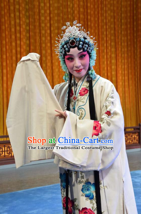 Chinese Jin Opera Hua Tan Bai Suzhen Garment Costumes and Headdress Madam White Snake Traditional Shanxi Opera Young Female White Dress Actress Apparels