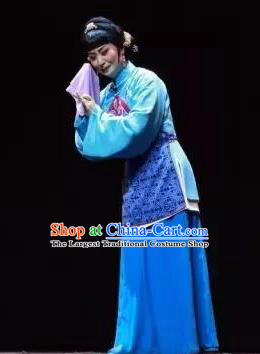 Chinese Jin Opera Country Woman Garment Costumes and Headdress Yu Chenglong Traditional Shanxi Opera Civilian Female Blue Dress Young Mistress Apparels