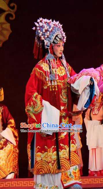 Chinese Jin Opera Bride Wedding Garment Costumes and Headdress Da Jin Zhi Traditional Shanxi Opera Hua Tan Red Dress Princess Shengping Apparels