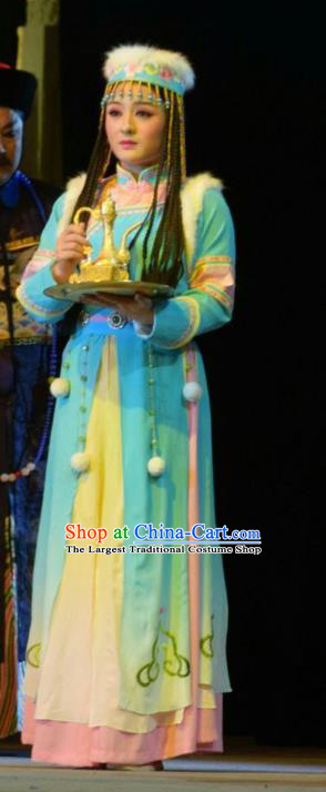 Chinese Jin Opera Mongolian Maidservant Garment Costumes and Headdress Xiaozhuang Changge Traditional Shanxi Opera Qing Dynasty Palace Lady Dress Figurant Apparels