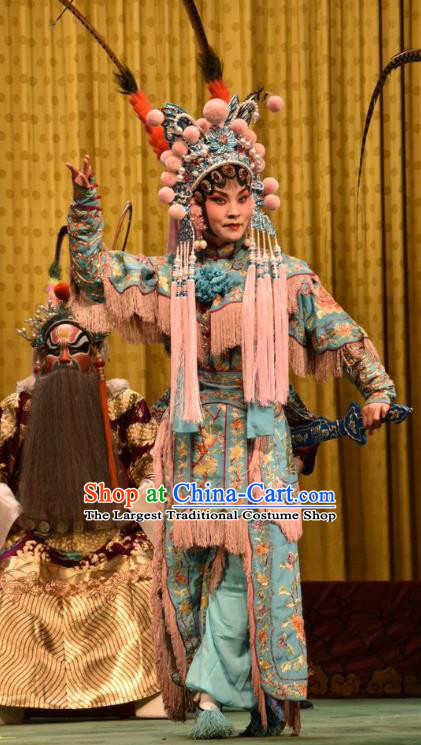 Chinese Jin Opera Female Warrior Blue Garment Costumes and Headdress Jin Sha Tan Traditional Shanxi Opera Wudan Dress Martial Woman Apparels
