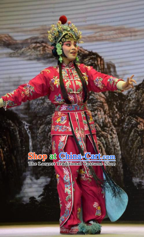 Chinese Jin Opera Female Swordsman Garment Costumes and Headdress San Guan Dian Shuai Traditional Shanxi Opera Dress Martial Woman Rosy Apparels