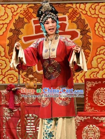 Chinese Jin Opera Hua Tan Garment Costumes and Headdress Yi Pu Zhong Hun Traditional Shanxi Opera Diva Cao Yulian Apparels Young Beauty Red Dress