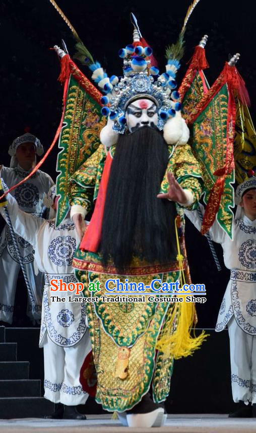 Guan Gong Chinese Shanxi Opera Jing Role Apparels Costumes and Headpieces Traditional Jin Opera General Garment Green Kao Clothing with Flags