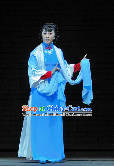 Chinese Jin Opera Hua Tan Song Lian Garment Costumes and Headdress Red Lantern Traditional Shanxi Opera Young Female Apparels Diva Blue Dress