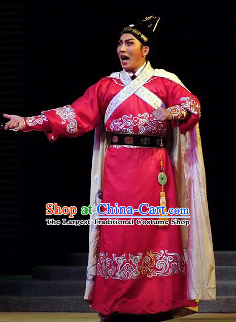 Hua Long Dian Jing Chinese Lu Opera Xiaosheng Apparels Costumes and Headpieces Traditional Shandong Opera Young Male Garment Li Shimin Red Clothing
