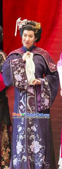 Chinese Henan Opera Noble Dame Wang Garment Costumes and Headdress Huang Ye Hong Lou Traditional Qu Opera Matron Apparels Elderly Female Dress