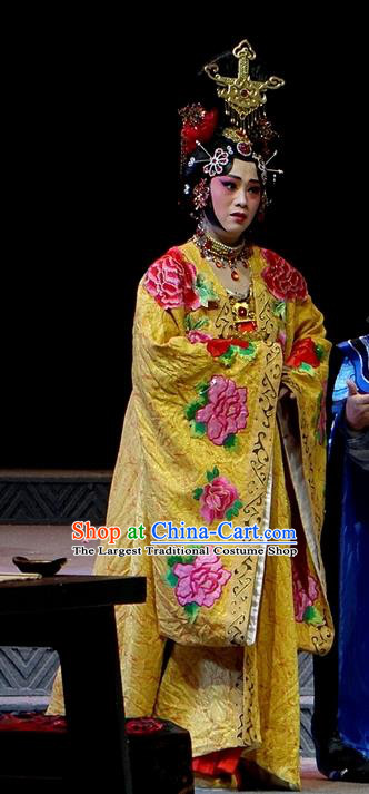 Chinese Han Opera Noble Female Garment Costumes and Headdress You Meng Yi Guan Traditional Hubei Hanchu Opera Hua Tan Apparels Empress Fan Dress