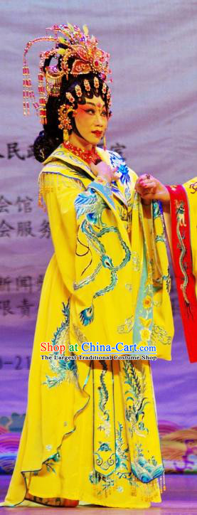 Chinese Cantonese Opera Actress Yang Yuhuan Garment The Long Regret Costumes and Headdress Traditional Guangdong Opera Imperial Concubine Apparels Hua Tan Yellow Dress