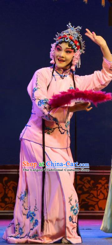 Chinese Han Opera Young Beauty Garment Hua Deng An Costumes and Headdress Traditional Hubei Hanchu Opera Actress Apparels Diva Chen Caifeng Pink Dress