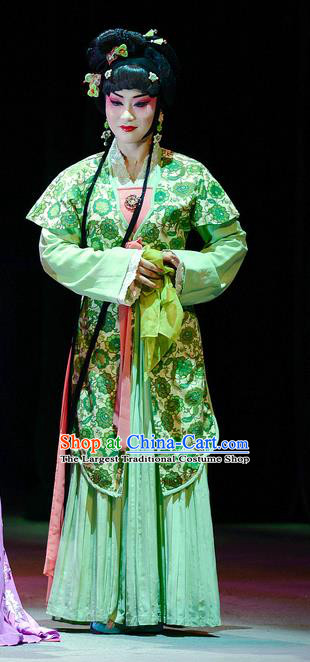 Chinese Han Opera Young Female Garment Jin Lian Costumes and Headdress Traditional Hubei Hanchu Opera Actress Apparels Green Dress