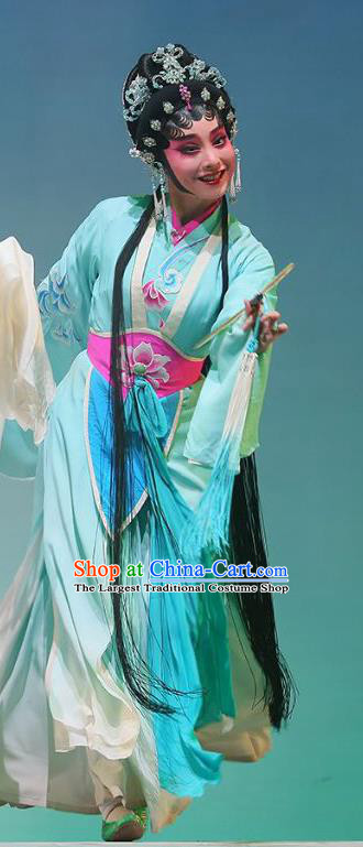 Chinese Cantonese Opera Xiaodan Xiao Qing Garment The Fairy Tale of White Snake Costumes and Headdress Traditional Guangdong Opera Young Lady Apparels Blue Dress
