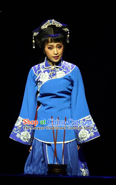 Chinese Cantonese Opera Young Female Garment The Watchtower Costumes and Headdress Traditional Guangdong Opera Hua Tan Apparels Diva Qiu Yue Blue Dress