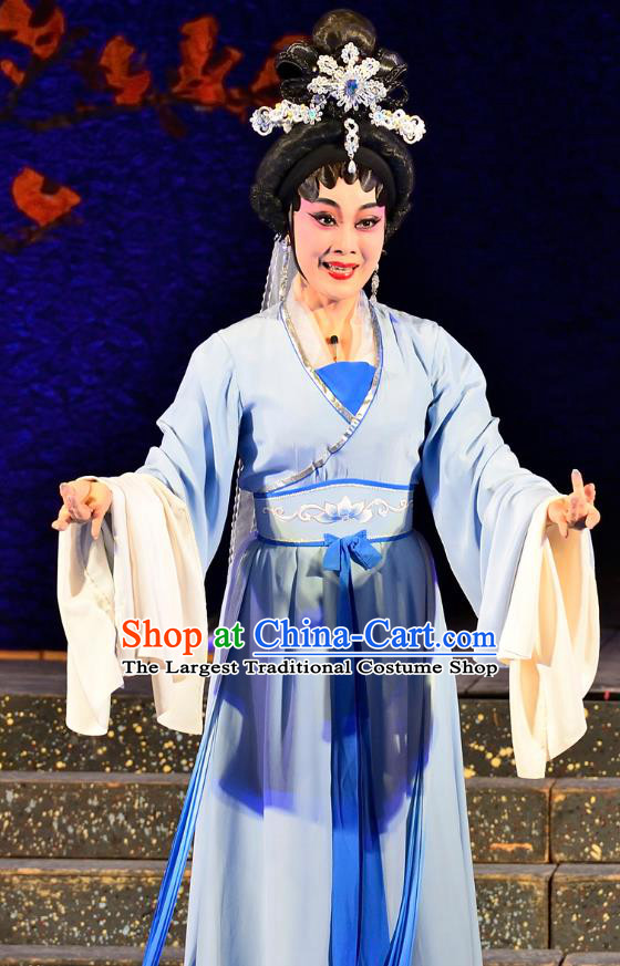 Chinese Cantonese Opera Actress Garment Costumes and Headdress Traditional Guangdong Opera Young Female Apparels Princess Miaoshan Blue Dress