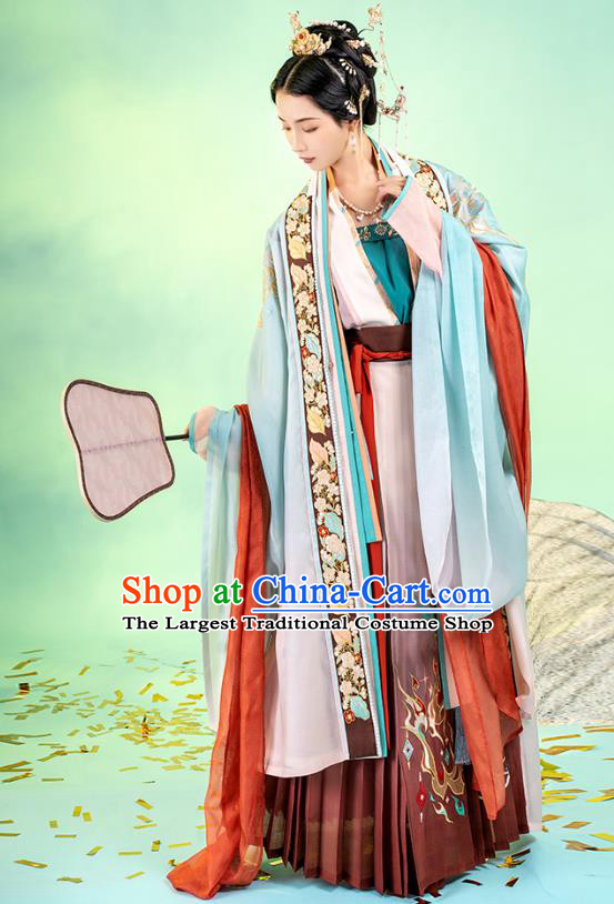 Asian Chinese Traditional Song Dynasty Royal Princess Hanfu Apparels Ancient Imperial Consort Historical Costumes Embroidered BeiZi Blouse and Skirt Complete Set for Women