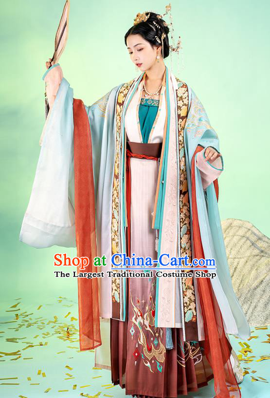 Asian Chinese Traditional Song Dynasty Royal Princess Hanfu Apparels Ancient Imperial Consort Historical Costumes Embroidered BeiZi Blouse and Skirt Complete Set for Women