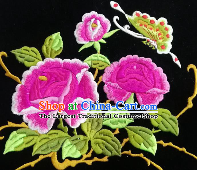 Chinese Traditional Embroidered Rosy Peony Butterfly Pattern Cloth Patch Decoration Embroidery Craft Embroidered Accessories