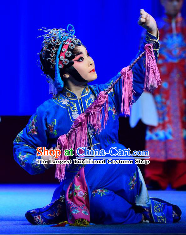 Chinese Sichuan Opera Highlights Martial Female Garment Costumes and Headdress Bei Mang Mountain Traditional Peking Opera Wudan Blue Dress Swordswoman Apparels