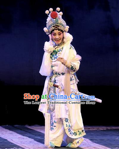 Chinese Hebei Clapper Opera Swordswoman Garment Costumes and Headdress Madam White Snake Traditional Bangzi Opera Martial Female Bai Suzhen Dress Apparels