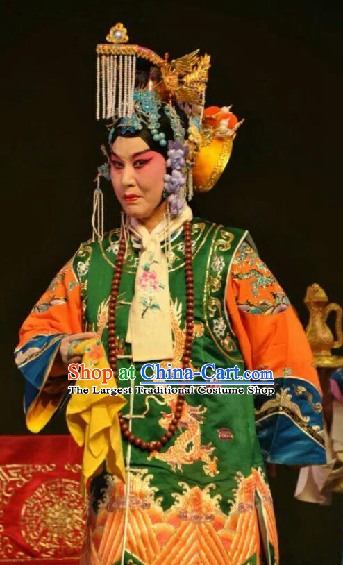 Chinese Shanxi Clapper Opera Empress Dowager Garment Costumes and Headdress San Guan Pai Yan Traditional Bangzi Opera Queen Mother Dress Apparels