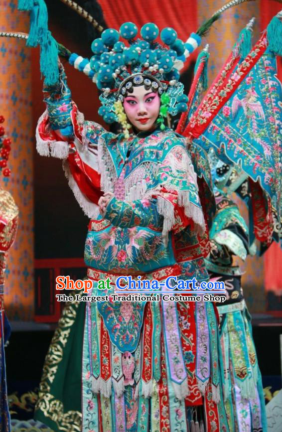 Chinese Shanxi Clapper Opera Mu Guiying Red Garment Costumes and Headdress Women General of Yang Family Traditional Bangzi Opera Tao Ma Tan Dress Apparels with Flags