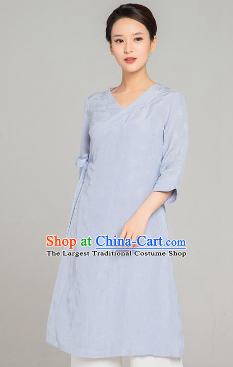 Asian Chinese Traditional Tang Suit Light Blue Flax Blouse Martial Arts Costumes China Kung Fu Upper Outer Garment Dress for Women